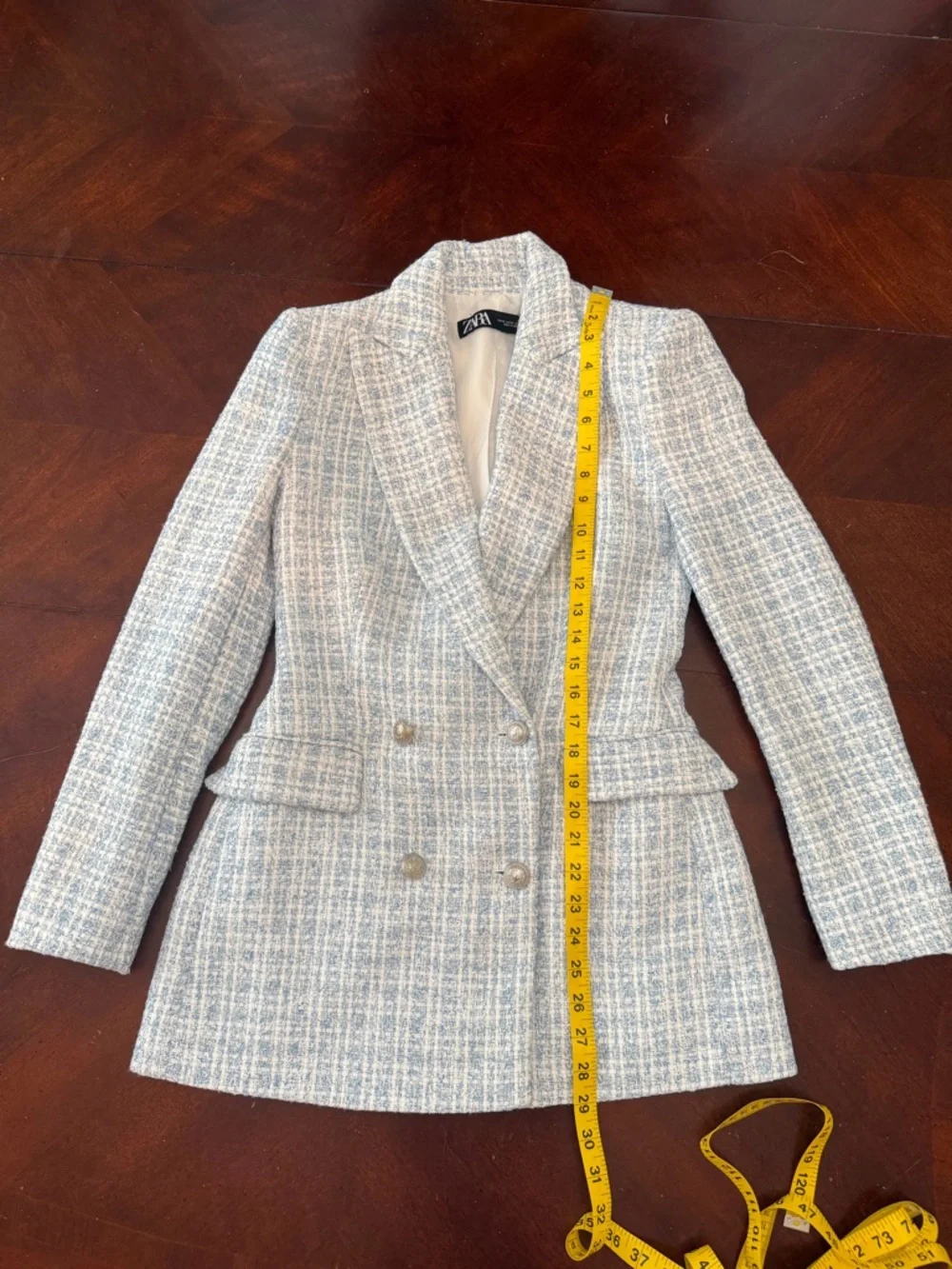 Zara Light Blue and Cream Tweed Double-Breasted Blazer